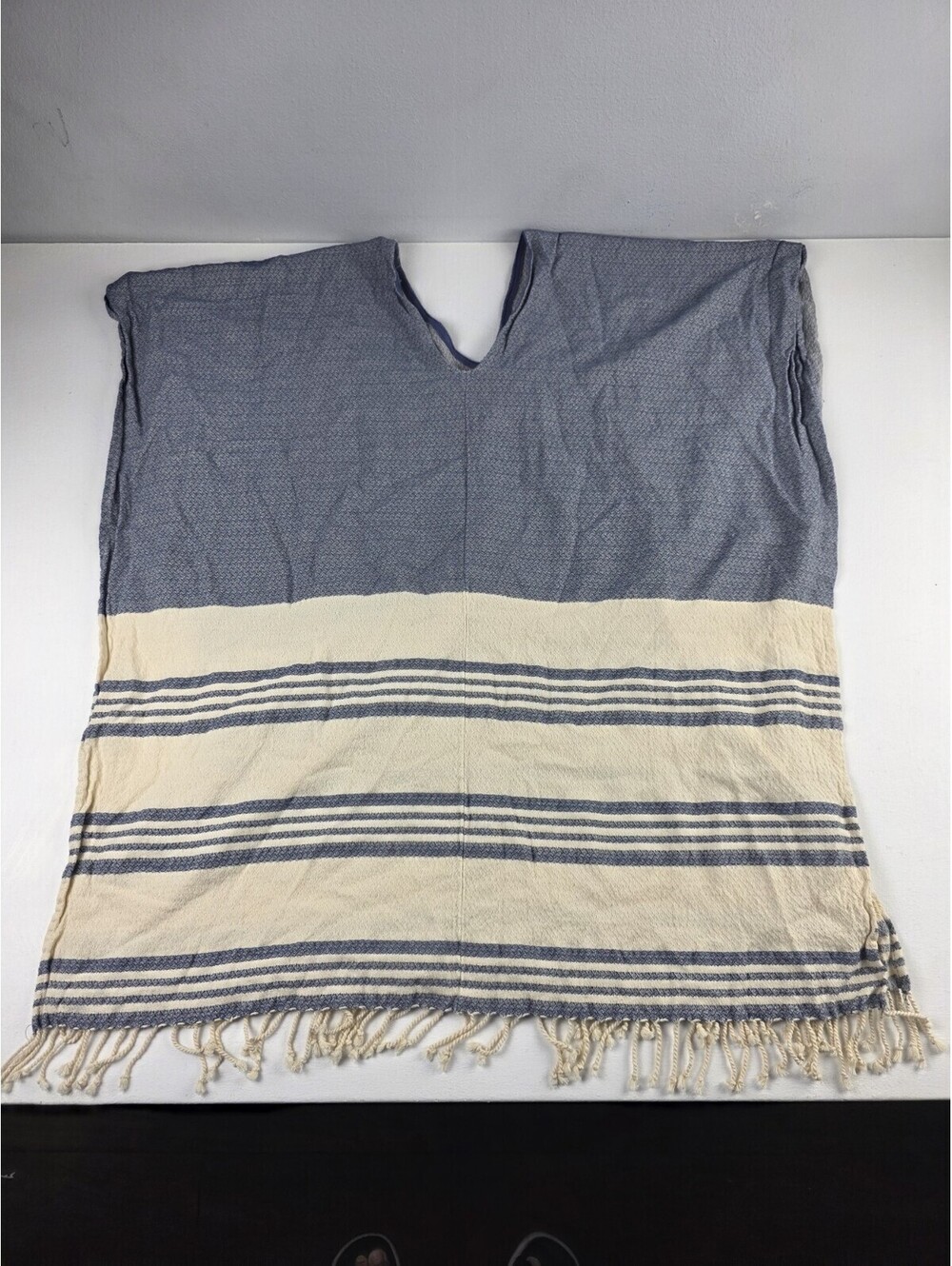 Tribe Alive Cotton Poncho Swim Coverup Blue Ivory Stripe Fringe Tassel Beach OS